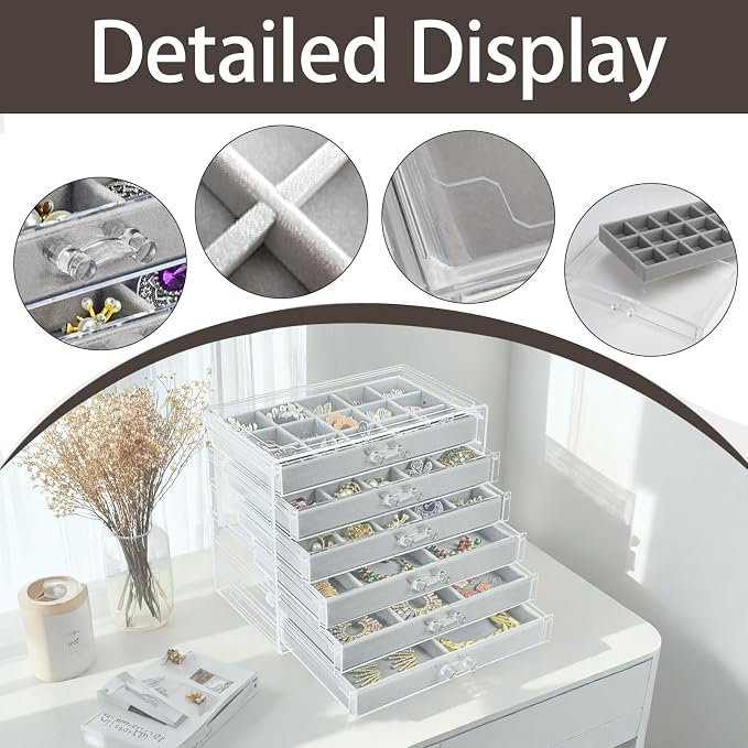 Watpot Acrylic Jewelry Box with 6 Drawers, Clear Earring Storage Organizer Display Case for Women Girls, Gray - Image 3