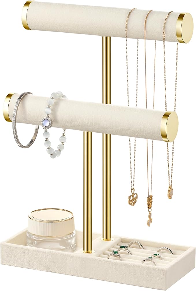 bussdis 2 Tier Bracelet Holder Display - Detachable T Bar Beige Velvet Bracelet Holder, Jewelry Holder Organizer for Bracelet, Necklace, Earrings, Rings by BUSSDIS