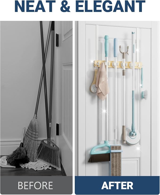 Lorbro Broom Holder Door Mount, Over the Door Broom and Mop Holder with 2 Over Door Hooks, Wood Broom Hanger, Tool Rack Organizer for Laundry, Garage, Closet, Kitchen Decor, 4 Slots & 4 Hooks Rustic - Image 4
