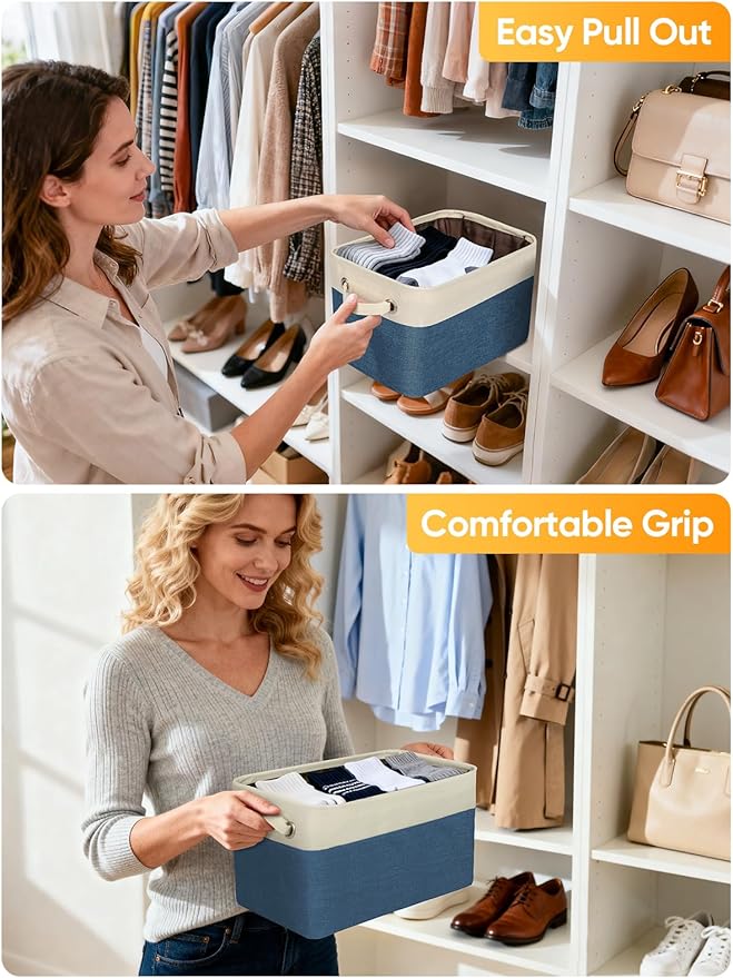 BALEINE 4 Pack Fabric Closet Storage Bins for Shelves, Linen Closet Organizers and Storage, Decorative Baskets for Organizing, Shelf, Clothes, Home, Office (Navy Blue, 17''x13''x10.5'') - Image 5