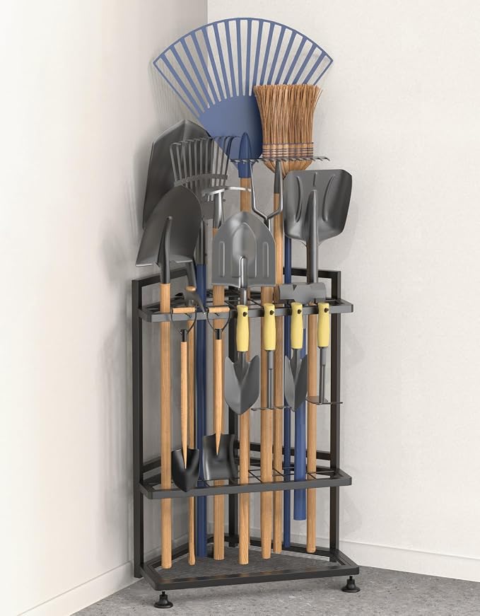 Garden Tool Organizer for Corner,Metal Yard Tool Organizer for Long-Handled Tools/Rakes/Brooms,Side Garden Pocket,Heavy Duty Steel Yard Tool Storage Rack for Garage,Shed, Outdoor by Lovind