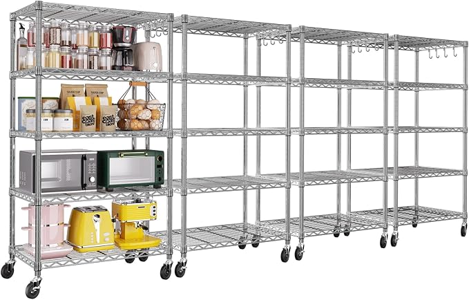 PrimeZone 4 Pack Steel Storage Wire Shelving 5 Tier Metal Shelves with Wheels,Adjustable Kitchen Utility Shelving Unit,Pantry Rack Rolling Metal Shelf Laundry,Chrome 24" Wx18 Dx75 H by PrimeZone
