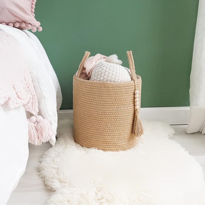 Mkono Woven Storage Basket Decorative Natural Rope Basket Wooden Bead Decoration for Blankets,Toys,Clothes,Shoes,Plant Organizer Bin with Handles Living Room Home Decor (Brown, 28 x 28cm) - Image 3