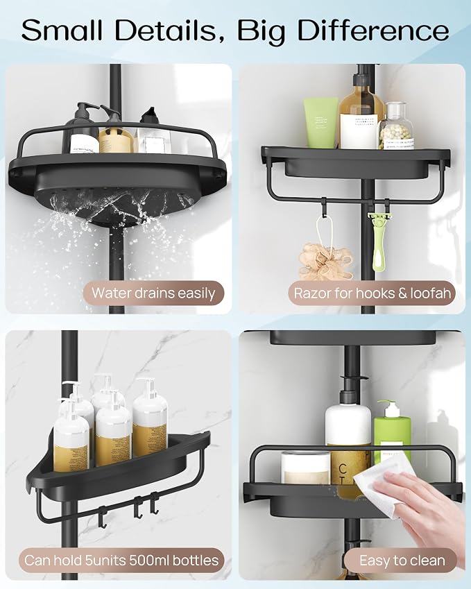 ALLZONE Corner Shower Caddy Tension Pole, Extendable Rustproof Stainless Steel Pole & 4-Tier Adjustable Shelves for Easy Drainage and Built-to-Last Stability, 34 to 116 Inches, Black - Image 6