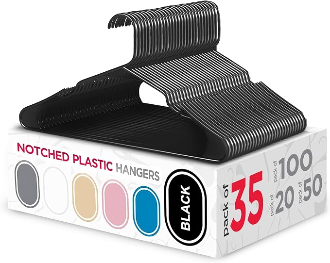 Sharpty Plastic Hangers Clothes Hangers for Clothing, Closet, Coats & Shirts - Notched, Durable & Space Saving - For Everyday Standard Use, Room Essentials & Basics - 35 Pack – Black by Sharpty