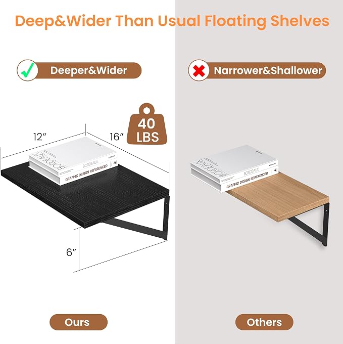 Heimlove Black Deep Floating Shelves for Wall, 16W x 12D Wood Wall Shelves Set of 2, Wide Floating Bookshelf for Living Room, Kitchen, Office, Bedroom and Decor Storage, with Metal Bracket - Black - Image 3