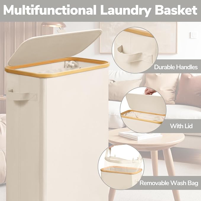 Goodpick Slim Laundry Basket with Wheels and Lid, 75L Narrow Laundry Hamper with Handles Removable Bag, Rolling Clothes Hamper for Dorm Bathroom Bedroom, 17" x 9.8" x 29.5", Beige - Image 5