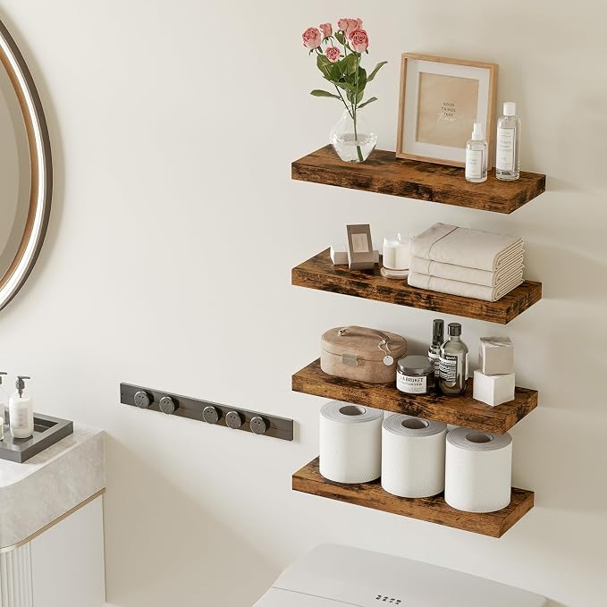 Fixwal Wood Floating Shelves, Wall Shelves Set of 4, Shelves for Wall Decor, with Invisible Brackets for Bathroom, Living Room,Bedroom and Kitchen(Rustic Brown) - Image 2