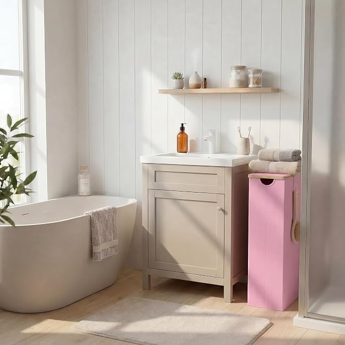efluky Slim Laundry Basket with Lid, Narrow Laundry Hamper with Removable Bag, Skinny Dirty Clothes Basket with Bamboo Handles for Bathroom, Bedroom & Laundry Room, 75L Pink - Image 7