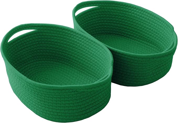 JMvicyroam Woven Basket,Small Rope Storage Bin with Handles & Ribbon Bag, Organizer for Shelves Closets,Gift Basket Empty for Birthday,Books,Dog Toys, Green/2 Pack by JMvicyroam