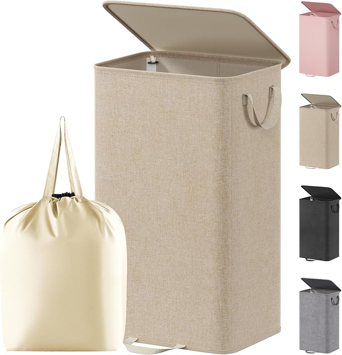 Lifewit Single Laundry Hamper with Lid and Removable Laundry Bags, Large Collapsible 1 Dividers Dirty Clothes Basket with Handles for Bedroom Laundry Room Closet Bathroom College, 100L Beige by Lifewit