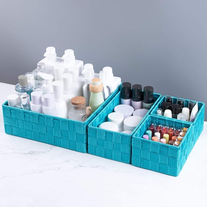 Posprica Woven Storage Baskets for Organizing, Small Black Baskets Cube Bin Container Tote Organizer Divider for Drawer, Closet, Shelf, Dresser, Set of 4(Aqua) - Image 3