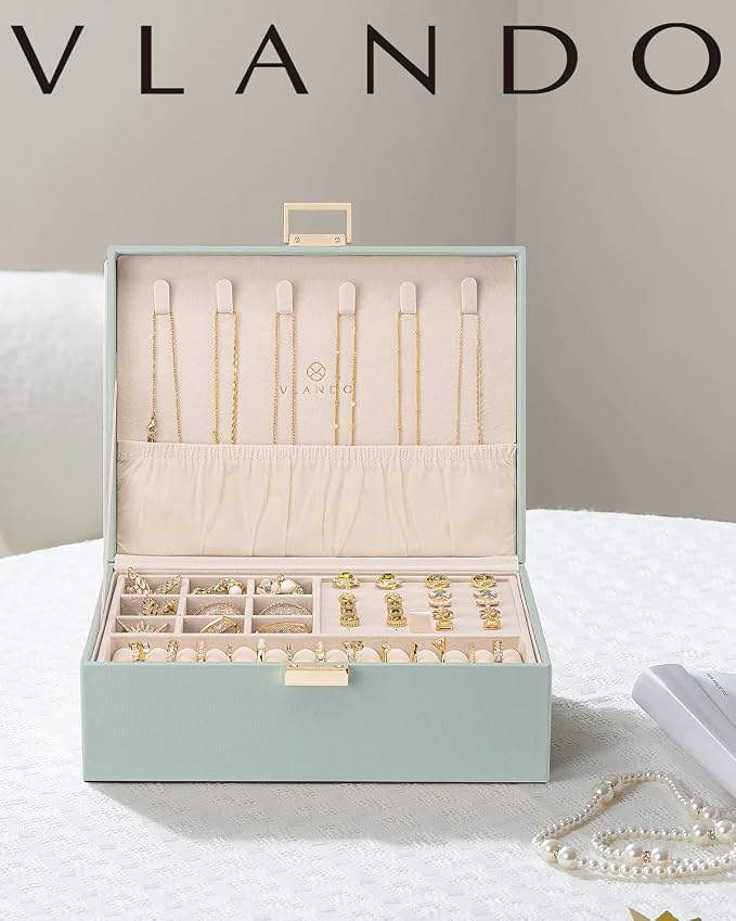 VLANDO 2 Layer Jewelry Box Large Jewelry Organizer for Women Removable Jewelery Tray for Necklace Earrings Rings Bracelets Holidays Gifts for Mom Wife (Green) - Image 2