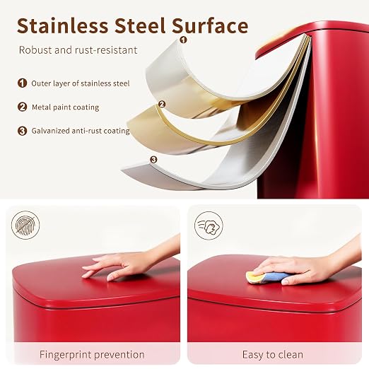 PayLessHere Stainless Steel Trash Can with Lid - Removable Inner Bucket, Foot Pedal, Soft Close for Office, Home, Kitchen (Red, 13 G) - Image 3