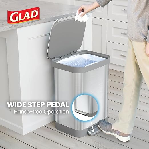 Glad Stainless Steel Step Trash Can, Series 2 with Clorox Protection - Large Metal Kitchen Garbage Bin with Soft Close Lid, Foot Pedal and Waste Bag Roll Holder, 13 Gallon - Image 4