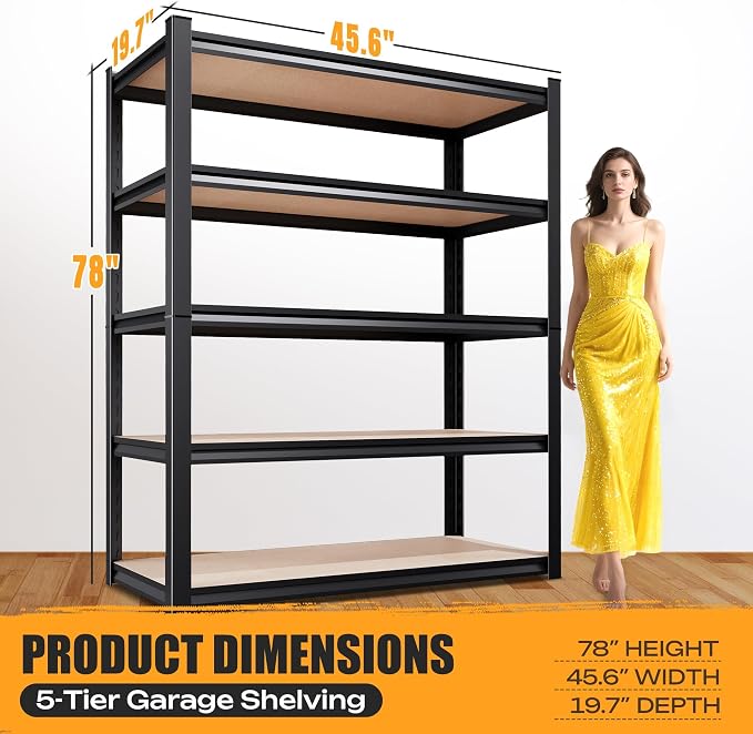 AOARGG 78"H-45.6"W Garage Shelving Heavy Duty Storage Shelves, Metal Adjustable Shelving Unit, Utility Garage Organizer Shelf for Basement, Pantry, Kitchen, Warehouse, 45.6"W x 19.7"D x 78"H - Image 3