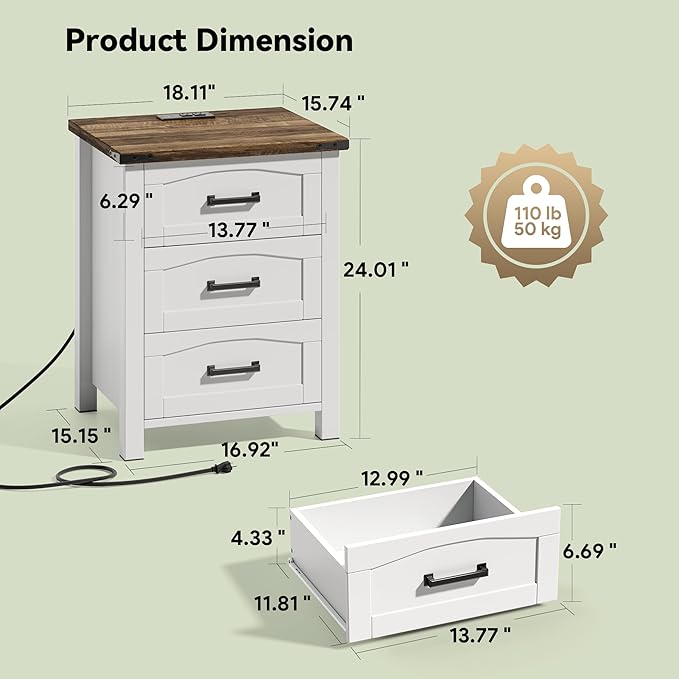 Decofy Farmhouse Nightstand with Charging Station, 18'' Wide Rustic End Table with USB/Type-C Ports, 3 Drawers, Wood Bedside Table for Bedroom, White