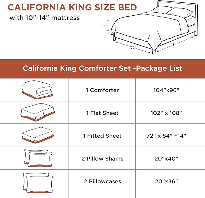 Andency Burnt Orange California King Comforter Set - 7 Pieces Terracotta Bed in a Bag Cal King Bedding Comforter Sets, Summer Solid Soft Lightweight Comforter with Sheets, Pillowcases & Shams