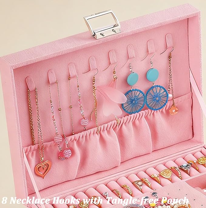 QBestry 3-Layer Jewelry Box for Girls & Teens with Lock and Key, Large Jewelry Organizer with 8 Necklace Hooks & 56 Earring Holes, Pink Velvet Jewelry Storage Box for Necklaces Earrings Rings Bracelet - Image 5