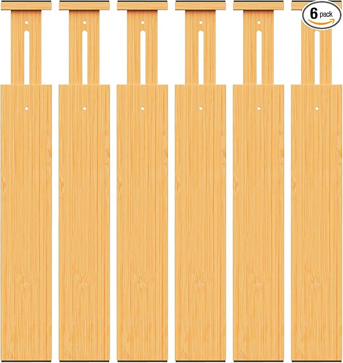 BAMBUROBA Bamboo Drawer Dividers, Adjustable Kitchen Drawer Organizer for Clothes,17-22" Expandable Drawer Organization Separators for Bedroom,Bathroom,Dresser and Office,6-Pack by BAMBUROBA