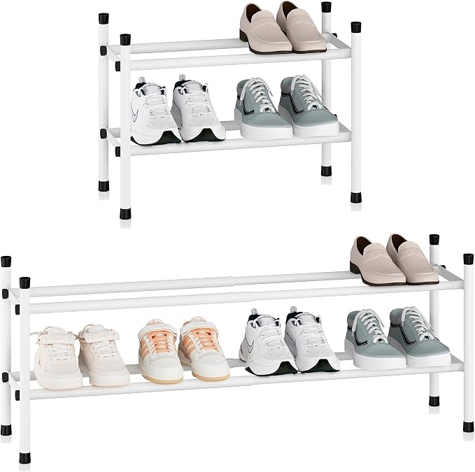 STORAGE MANIAC Expandable Shoe Rack, 8 Pairs Stackable Small Shoe Rack, Metal Adjustable Shoes Organizer for Closet, Entryway, Hallway, Garage, Front Door, Shoes Shelves, White 2 Tier by STORAGEMANIAC
