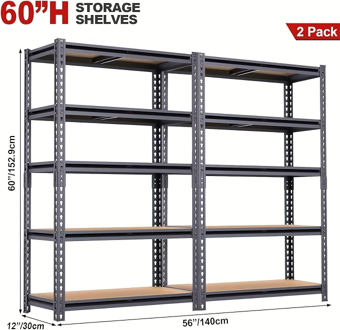 Garage Storage Shelves 2PCS, 60'' H Shelving Units and Storage, 2400 LBS Heavy Duty Shelving, Metal Garage Shelves for for Basement, Warehouse, Pantry, Closet, Kitchen 12" x 28'' x 60'' - Image 3