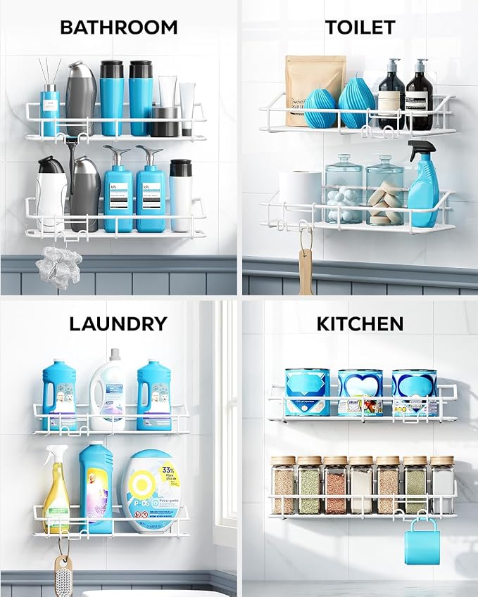 Nieifi Shower Caddy Shelf with Hooks Storage Rack Organizer Adhesive Stainless Steel Without Drilling for Bathroom, Lavatory, Washroom, Restroom, Shower, Toilet, Kitchen - 2 Pack (White) - Image 8