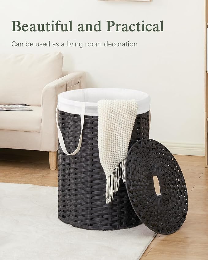 SETVSON Laundry Basket with Lid Round Rattan Laundry Hamper with Lid and Handles 29.1 Gal (110 L) Handwoven Woven Basket with Removable Bags and 2 Mesh Bags for Bathroom Living Room Black - Image 7
