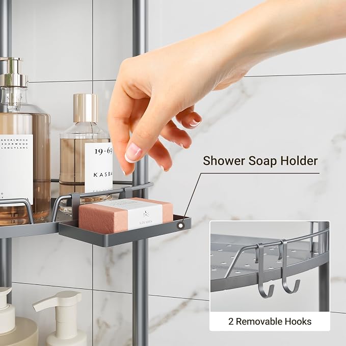 ELYKEN Corner Shower Caddy Standing, 4 Tier Rustproof Metal Shower Organizer with Soap Holder, Floor Shower Corner Shelf Rack Storage Stands with Adjustable Feet & 2 Hooks for Bathroom, Silver - Image 4
