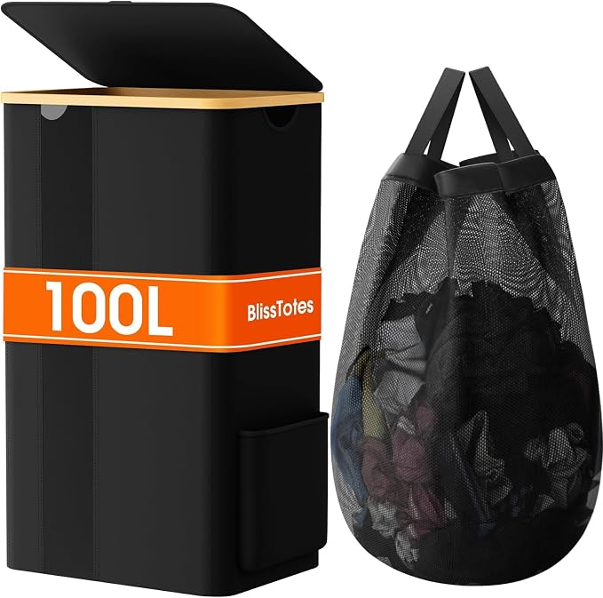 BlissTotes Laundry Basket with Lid, 100L Clothes Laundry Hamper with Handles and Removable Laundry Bag, Breathable Design Hamper with Lid for Bedroom, Bathroom, Dorm, Laundry Room - Black by BlissTotes