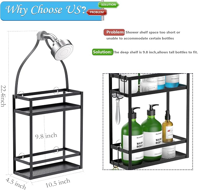 Meangood Shower Caddy, 10.4" x 4.5" x 22.04" Hanging Shower Caddy Organizer Over Shower Head Big Capacity for Shampoo, Conditioner with Hooks for Razor/Sponge, Matte Black - Image 2