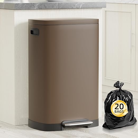 KdbK 13 Gallon Trash Can with Lid, 50L Fingerprint Proof Stainless Steel Kitchen Trash Can with Removable Inner Bucket and Lid Soft Close, Pedal Rubbish Bin for Home Office, Brown by Unknown