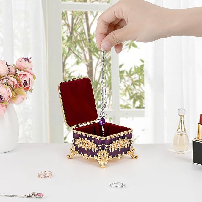 Hipiwe Vintage Jewelry Box Small Trinket Storage Organizer Box Gold Metal Chest Ring Case Treasure Chest Square Keepsake Boxes for Earrings Necklace Gift for Women,Purple - Image 3