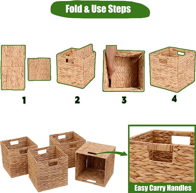 11x11in Storage Baskets 4 Pcs Square Baskets for Cube Shelf,Foldable Handwoven Water Hyacinth Storage Bins for Laundry Organizer - Image 6