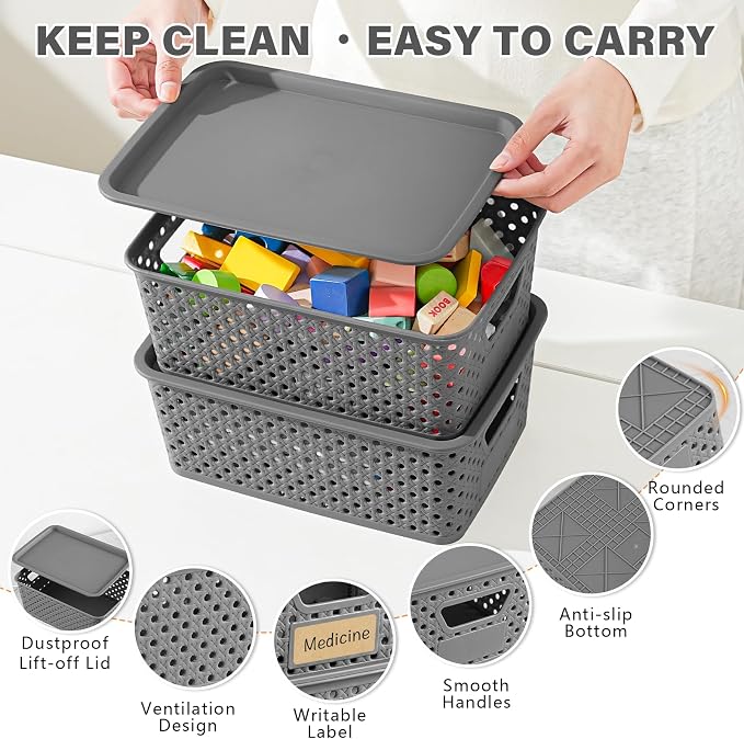 10 Pack Small Plastic Storage Bins with Lids, Stackable Plastic Storage Baskets for Organizing with Handles, Organizer Bins with Labels for Room,Craft,Containers for Pantry Organizers and Storage,Grey - Image 3