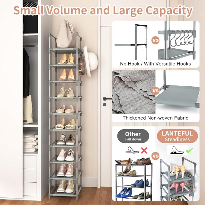 LANTEFUL Narrow Shoe Rack 10-Tier Tall Shoe Organizer Skinny Shoe Shelf Storage for 10-15 Pairs Shoe and Boot, Space Saving Corner Shoe Rack Organizer for Closet, Entryway, Living Room, Grey - Image 6