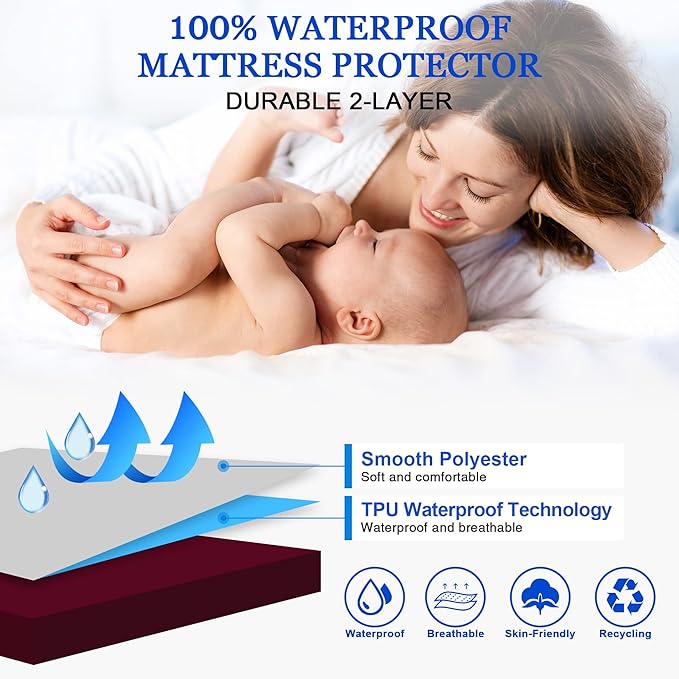 Sufdari Twin XL Mattress Protector,Waterproof Mattress Protector,Fitted Sheet Style Mattress Cover with 18" Deep Pocket,Washable and Comfortable-Deep Red,Twin XL