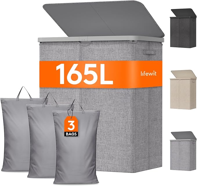 Lifewit 165L Large Laundry Basket with Lid, Laundry Hamper with Plastic Handles and Removable Bag, Foldable Tall Dirty Clothes Hampers for Laundry for Laundry Room, Bedroom, Bathroom, Dorm, Light Gray by Lifewit