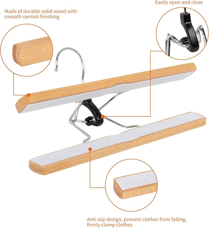 Amazon Basics Sturdy Wooden Pants Hangers for Closet Organization, Natural, 10-Pack - Image 3