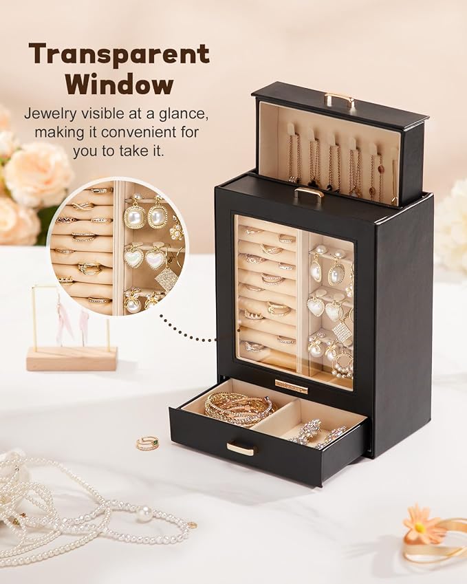 Homde Mothers Day Gifts Jewelry Organizer Girls Women Jewelry Box for Necklaces Rings Earrings Gift Bracelets Storage Case (Black + Gold) - Image 4