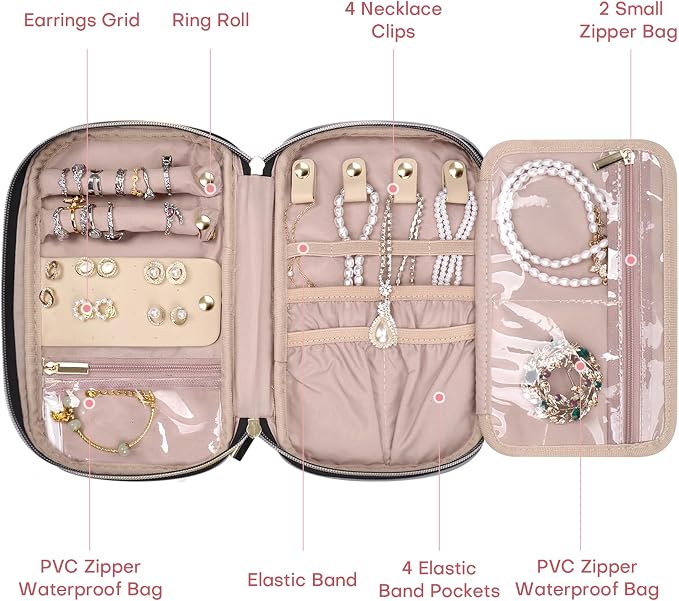 Jewelry Travel Case Organizer for Necklaces, Earrings, Rings, Bracelet, Watch, Soft Sided, Grey - Image 3