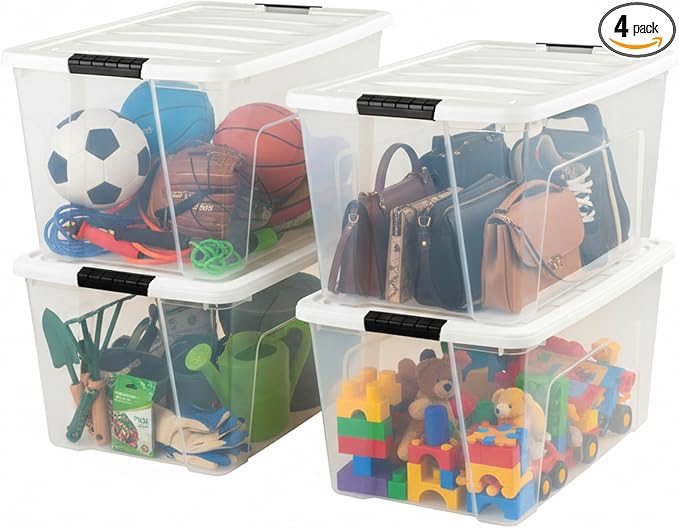 IRIS USA 72 Qt Stackable Plastic Storage Bins with Lids, 4 Pack - BPA-Free, Made in USA - See-Through Organizing Solution, Latches, Durable Nestable Containers, Secure Pull Handle - Clear/White by IRISUSA