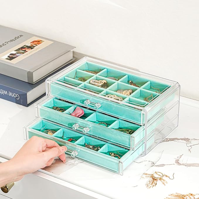 ProCase Earring Holder Organizer Jewelry Box with 3 Drawers, Acrylic Clear Earring Case with Adjustable Velvet Trays for Women - Aqua, 3 Layers - Image 3