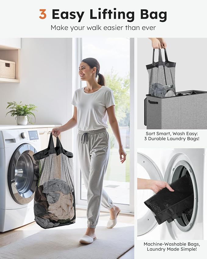 SOLEDI 180L Laundry Hamper 3 Section, Extra Large Laundry Hamper with Lid, Dirty Clothes Hamper with Sturdy Handle, Large Laundry Basket Organizer for Laundry Room, Bedroom, Hampers for Laundry - Image 4