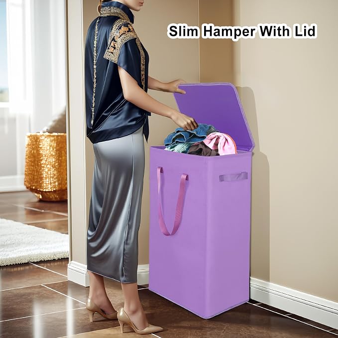 Odonata 75L Slim Laundry Hamper with Lid,Large Foldable Laundry Basket with Removable Bag and Handles Tall Collapsible Dirty Clothes Basket Great for Bedroom, Bathroom, Dorm, College,RV.(Purple, 75L) - Image 5