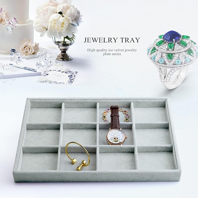 Oirlv Velvet Stackable Jewelry Display Trays 12 Grids Rings Earrings Bracelet Organizer Storage Tray(13.8"x1.29"x9.4") - Image 2