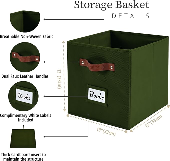 DECOMOMO Storage Cubes, 13x13x13 Storage Cube Bins with Labels, Fabric Organizer Bins (13" / 6pcs, Olive Green) - Image 3
