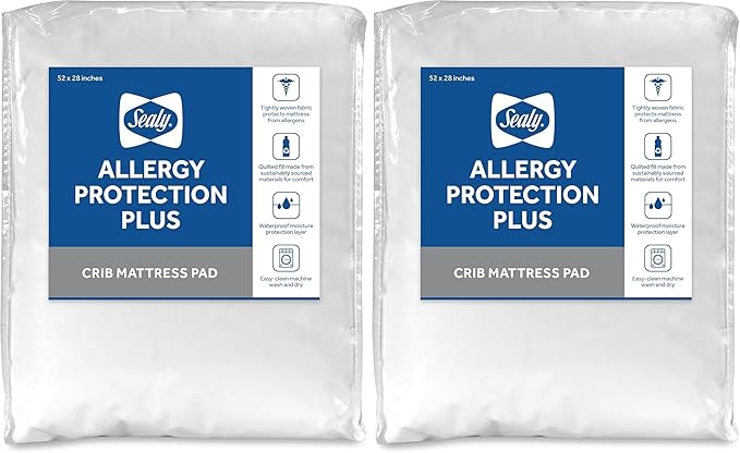 Sealy Baby Allergy Protection Plus Fitted Waterproof Infant Crib Mattress Protector Pad and Toddler Bed Cover, Durable & Comfortable Topper, Machine Washable and Dryer Friendly, 52” x 28”- White