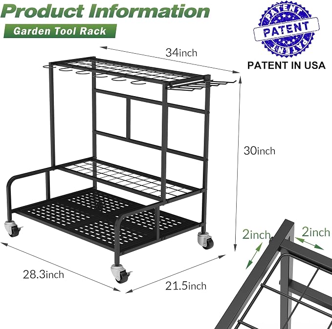 Garden Tool Organizer Rack with Wheels Up to 39 Tools, Heavy-Duty Steel Yard Tool Organizer for Garage Storage with 12 Hooks, Broom Holder & Garden Tool Rack for Shed, Patio, Outdoor Use, Black - Image 2