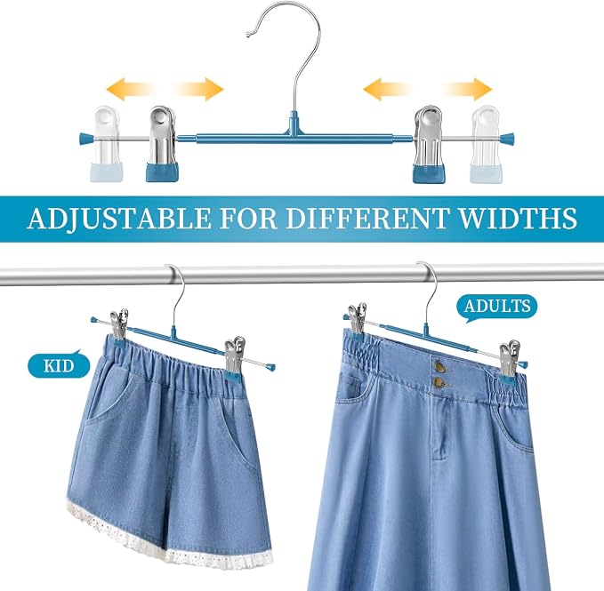 Pants Hangers with Clips 10 Pack Adjustable Skirt Hangers for Women Non-Slip Trousers Hanger for Jeans Clothes Hangers for Pants Heavy Duty Space Saving Shorts Hangers,Blue,12Inch - Image 2